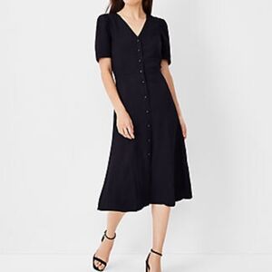 Ann Taylor twill puff sleeve black midi dress NWOT